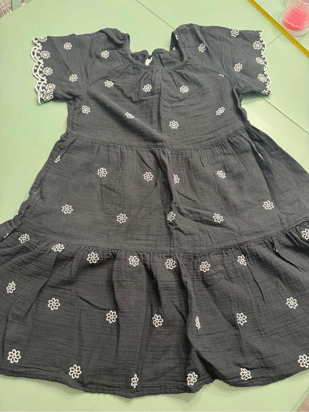 Cat & Jack Black Tiered Dress with White Floral Embroidery